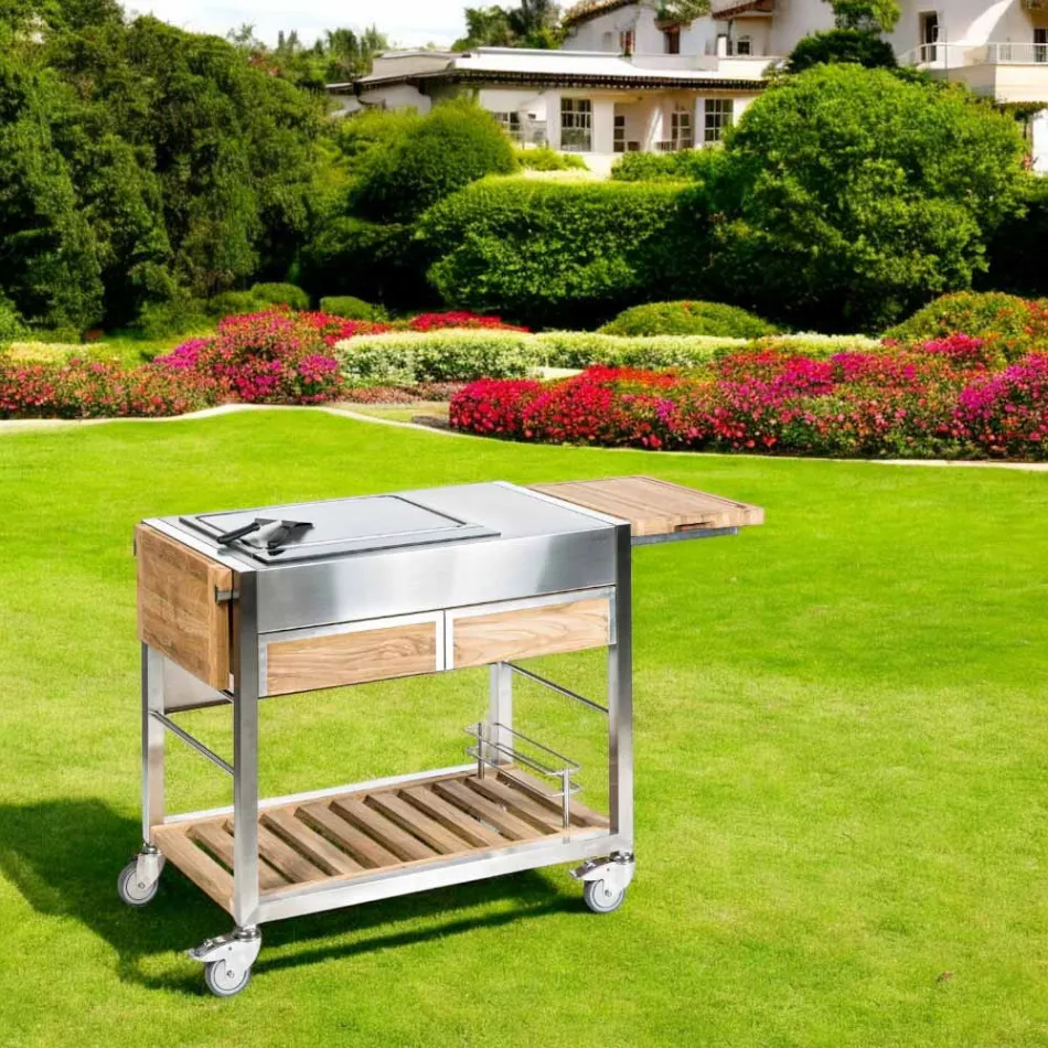 Outdoor Kitchen on Wheels in Steel and Wood with Teppanyaki - Buoncalliope Viadurini