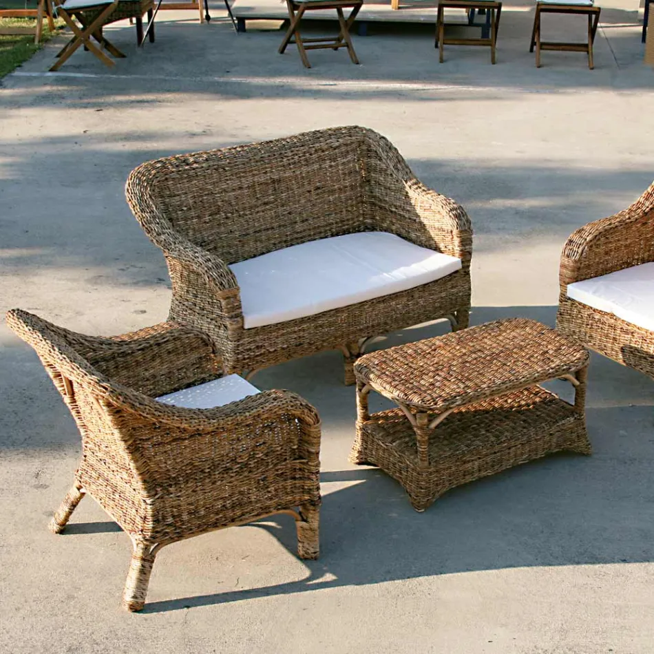2-Seater Outdoor Sofa in Natural Banana Weaving and Ecru Cushion - Dish Viadurini