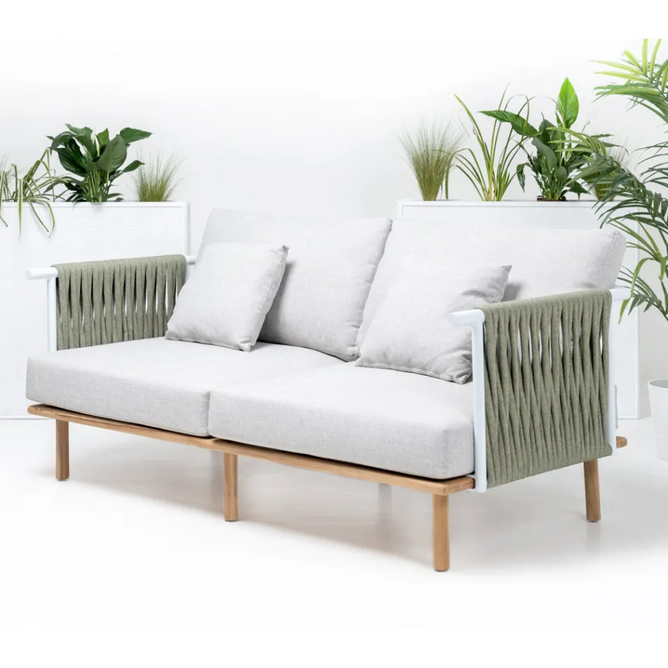 2 Seater Sofa in Teak, Rope Weaving and Cushions - Bellatrix Viadurini