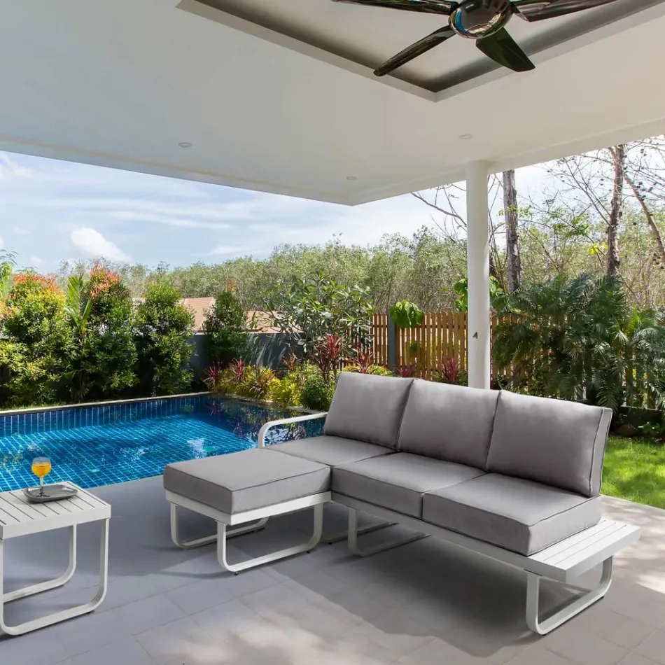 3 Seater Sofa with Aluminium Garden Pouf and Grey Cushions - Avoir Viadurini