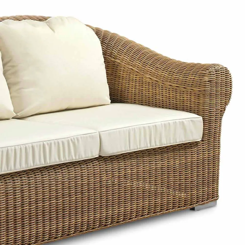 3 Seater Outdoor Sofa in Synthetic Rattan and White or Ecru Fabric - Yves Viadurini