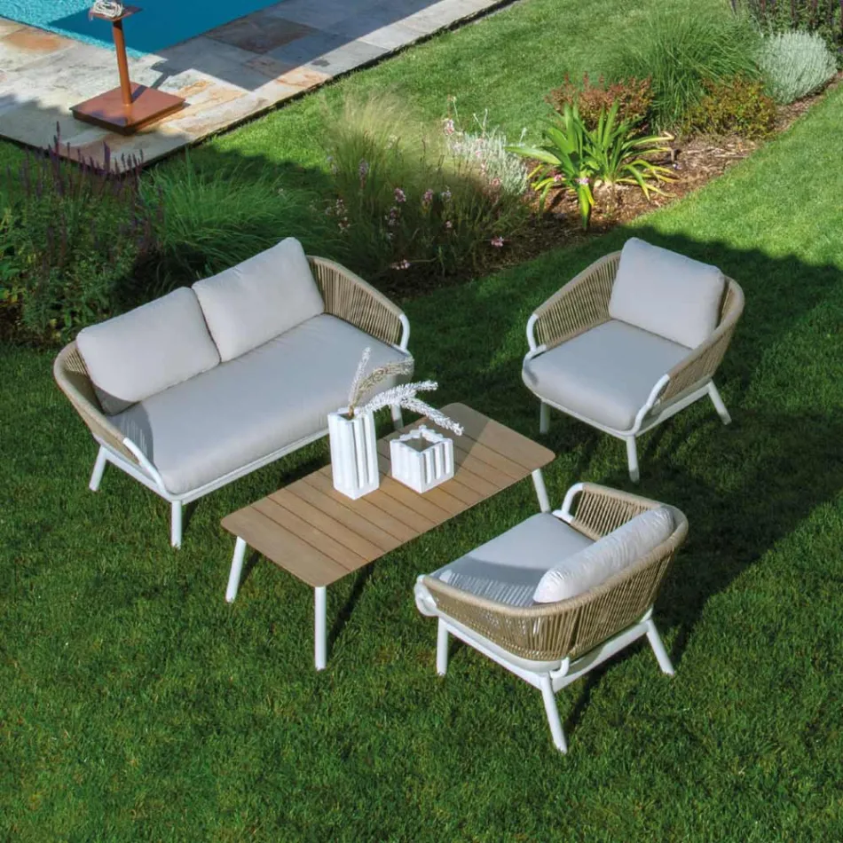 Sofa with Armchairs and Coffee Table in White Aluminium for the Garden - Tenda Viadurini