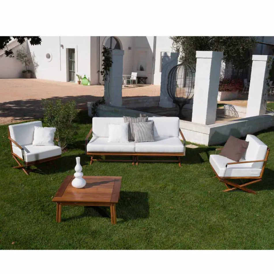 3 Seater Outdoor Sofa in Natural Wood or Black and Luxury Fabric - Suzana Viadurini