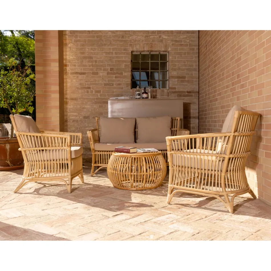 Outdoor Sofa in Natural Rattan, Cushions Included, - Bellaria Viadurini