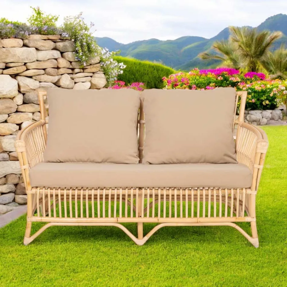 Outdoor Sofa in Natural Rattan, Cushions Included, - Bellaria Viadurini