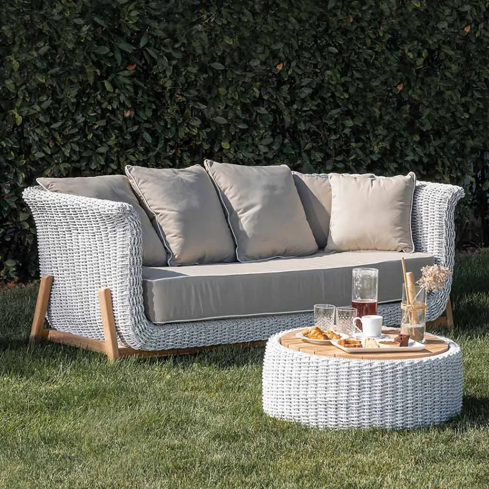 3 Seater Garden Sofa in Teak and Rope Weaving - Arjuna Viadurini