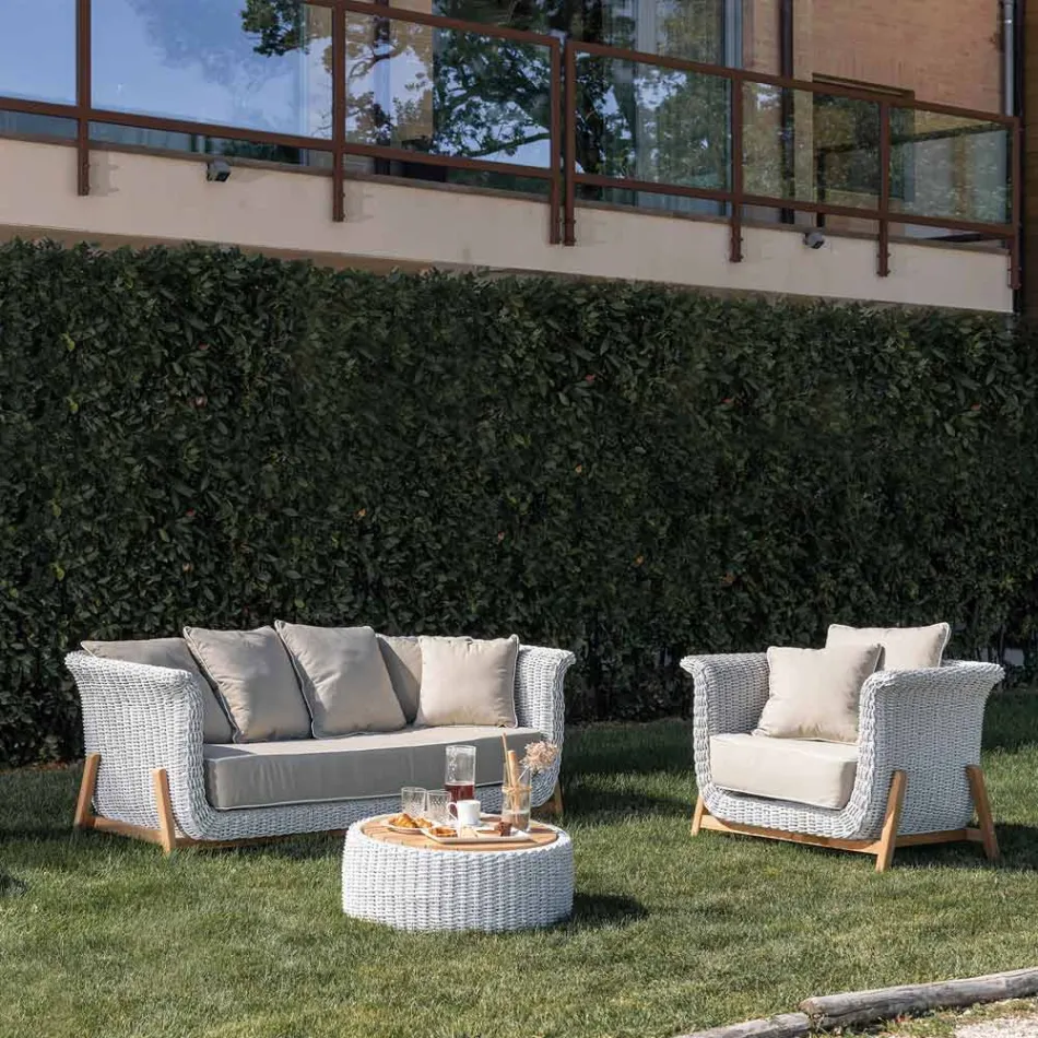 3 Seater Garden Sofa in Teak and Rope Weaving - Arjuna Viadurini