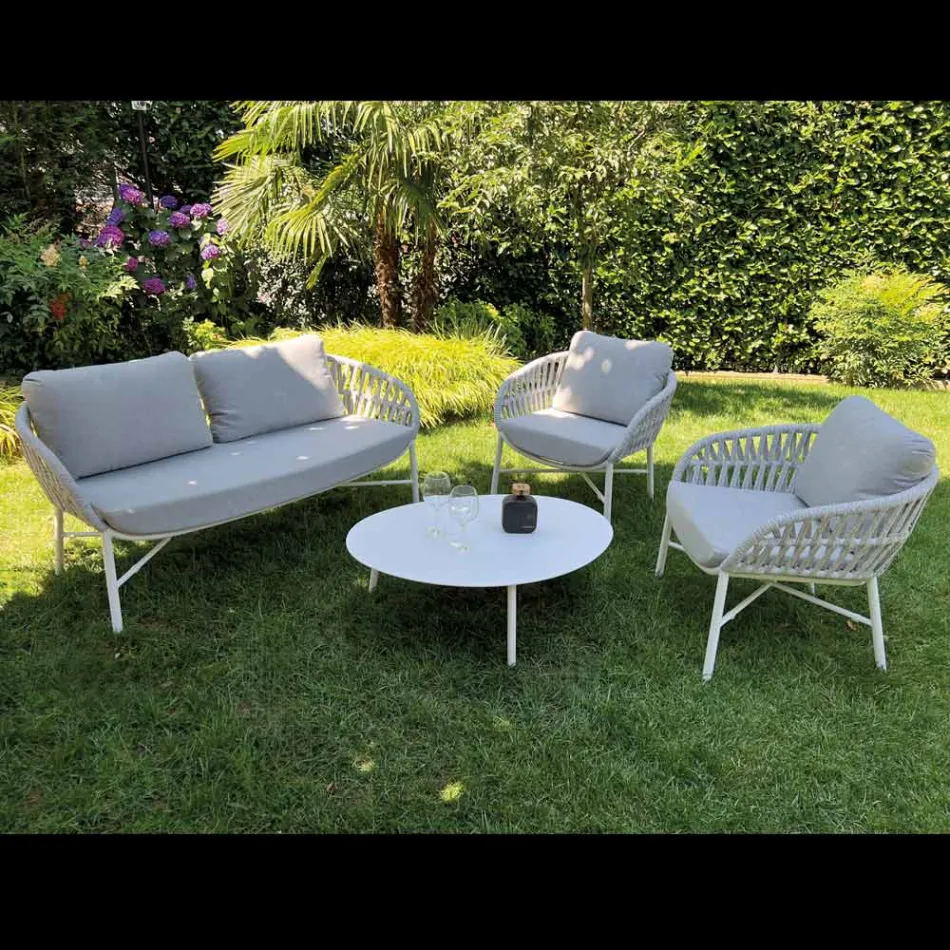 Garden Sofa in Aluminium, Rope and Marsala or White Fabric - Brise Viadurini