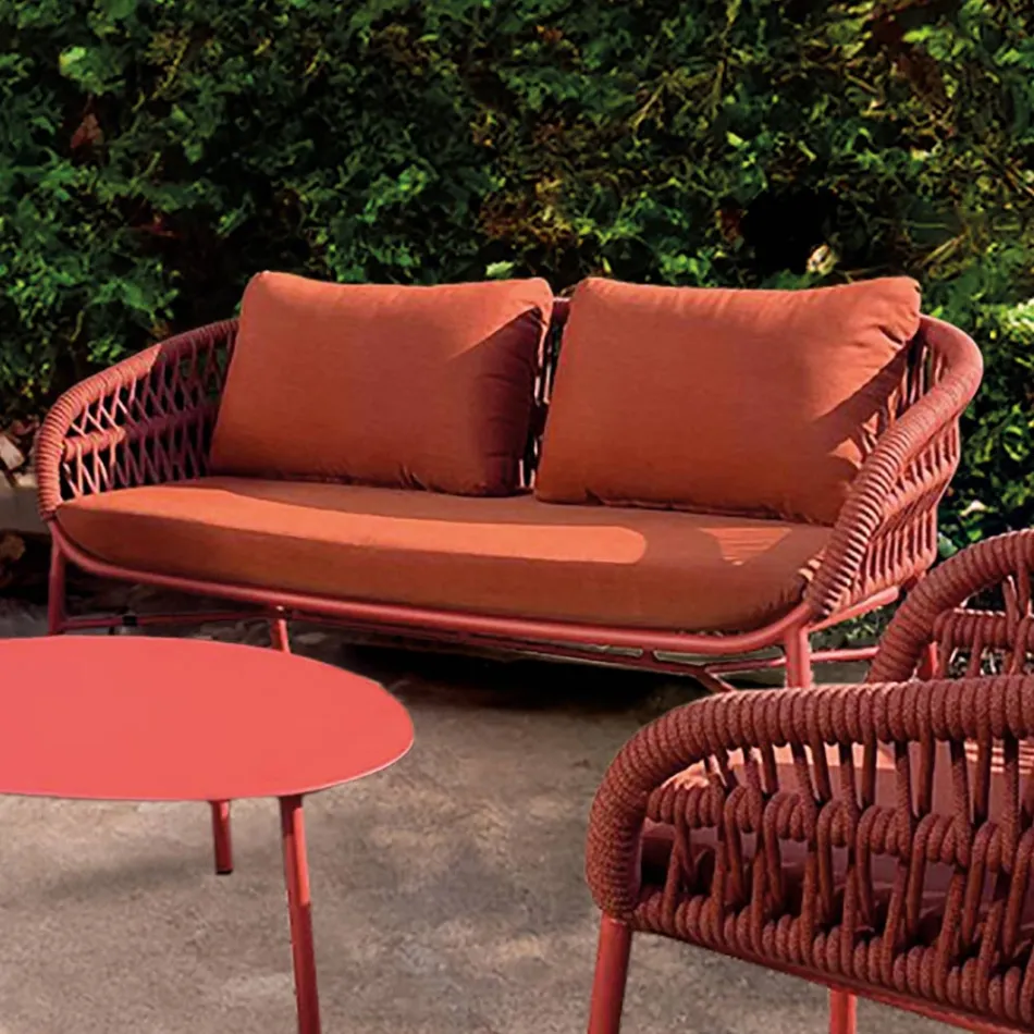 Garden Sofa in Aluminium, Rope and Marsala or White Fabric - Brise Viadurini