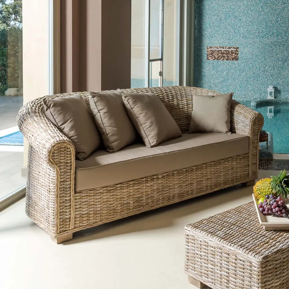 Garden Sofa in Natural Kubù Fibre with Cushions - Isildur Viadurini