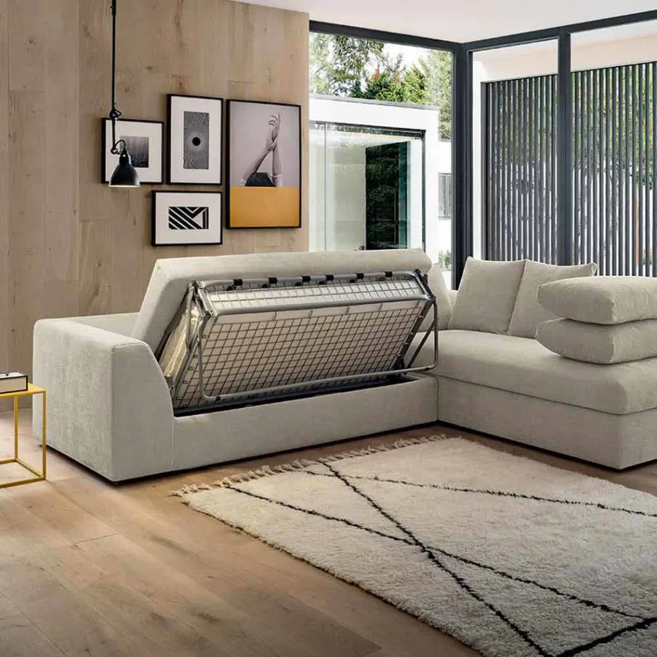 Design Corner Sofa Bed in Beige Fabric Made in Italy - Ortensia Viadurini