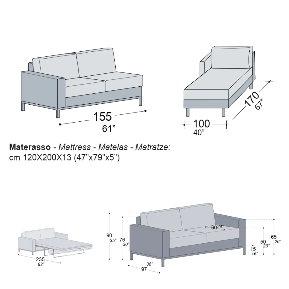 Sofa Bed with Peninsula in Metal and Polyurethane Made in Italy - Folle Viadurini