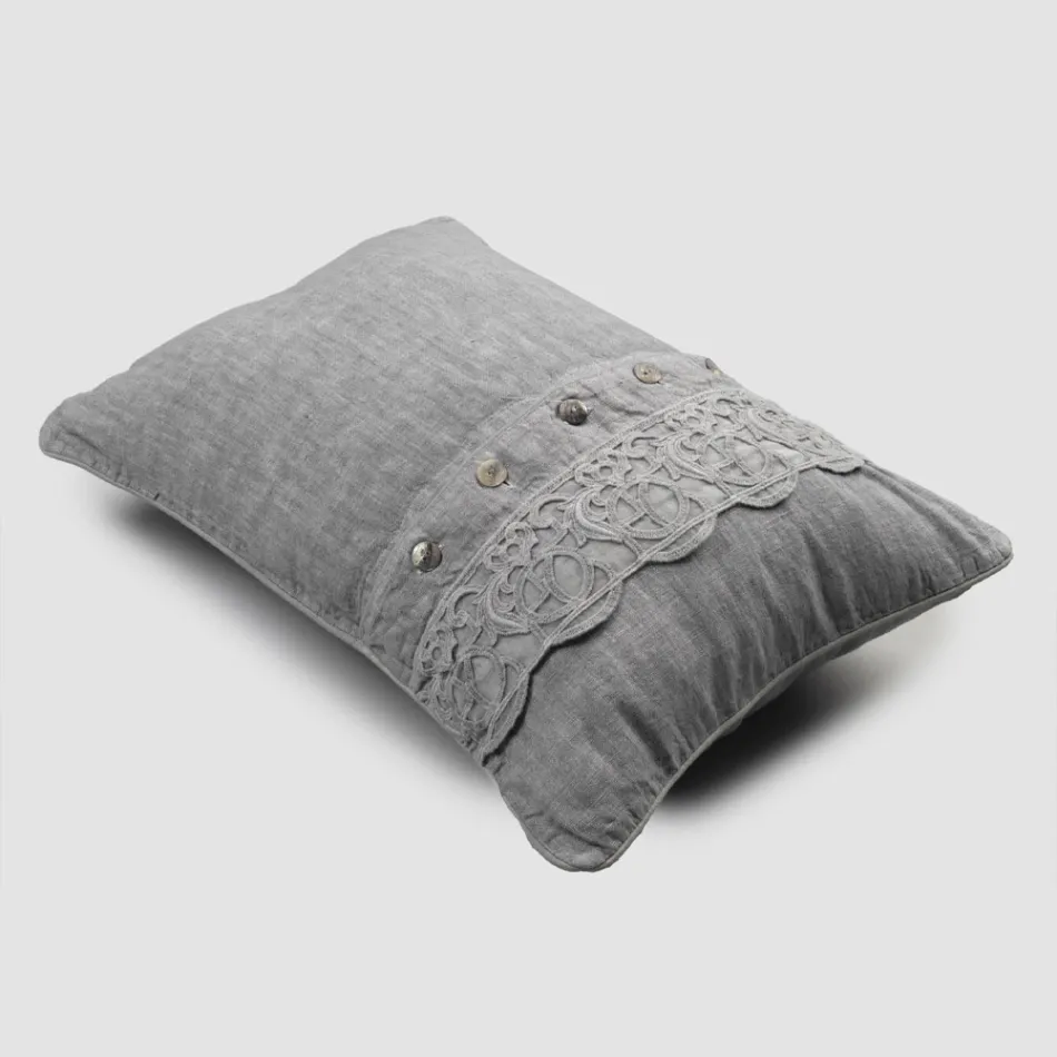 Italian Luxury Sinergia Lace Grey Linen Bed Pillowcase - Stego Viadurini