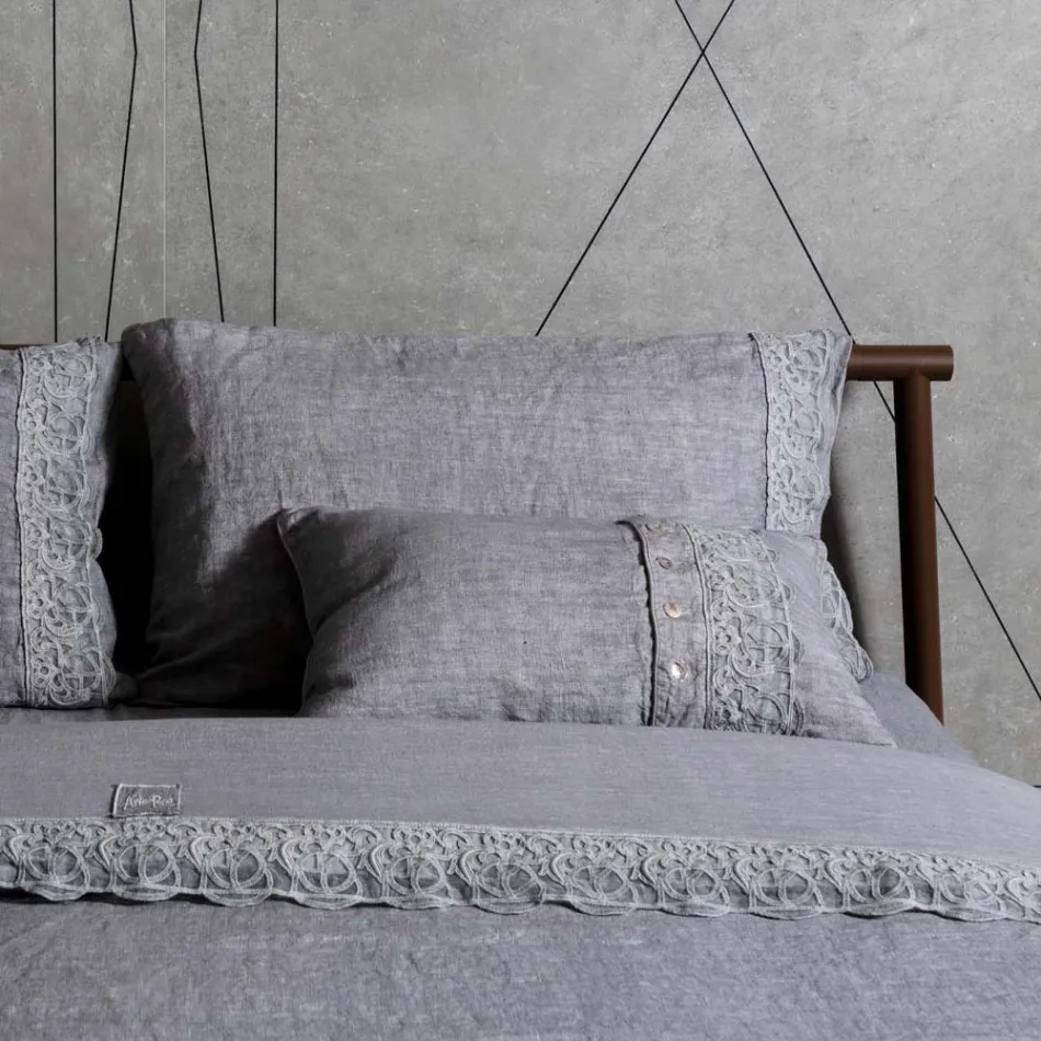 Italian Luxury Sinergia Lace Grey Linen Bed Pillowcase - Stego Viadurini