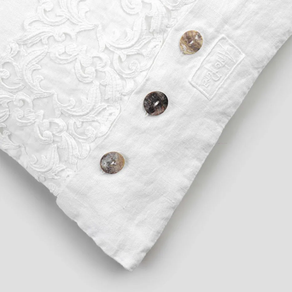 White Square Cushion Cover with Italian Luxury Lace and Buttons - Logos Viadurini