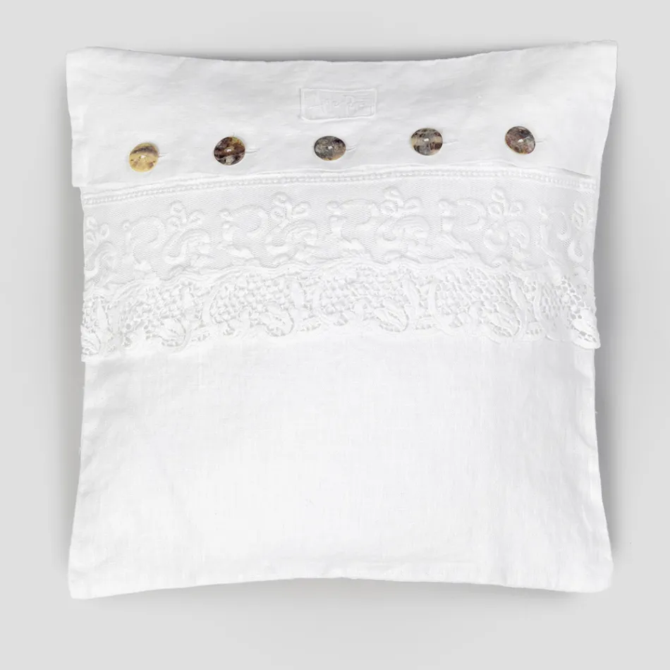 White Square Cushion Cover with Italian Luxury Lace and Buttons - Logos Viadurini
