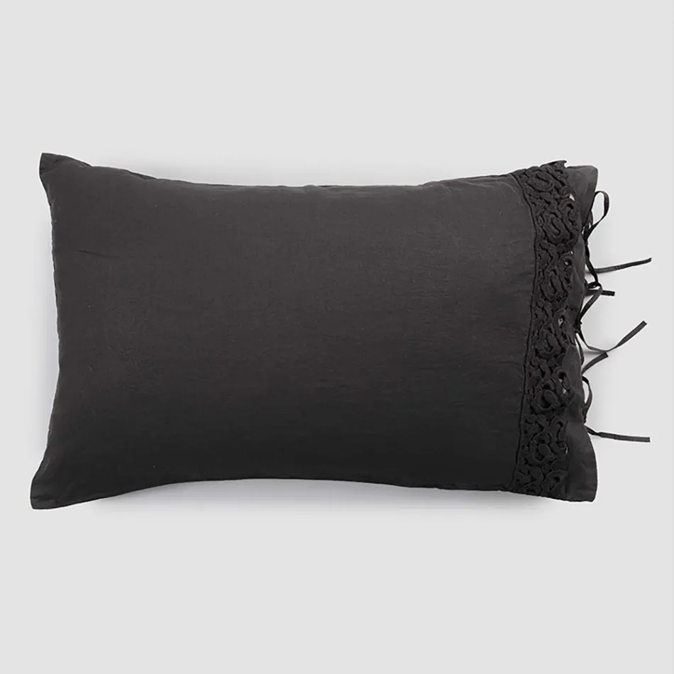 Linen Pillowcase with Poema Lace and Butter or Black Laces Made in Italy - Masone Viadurini