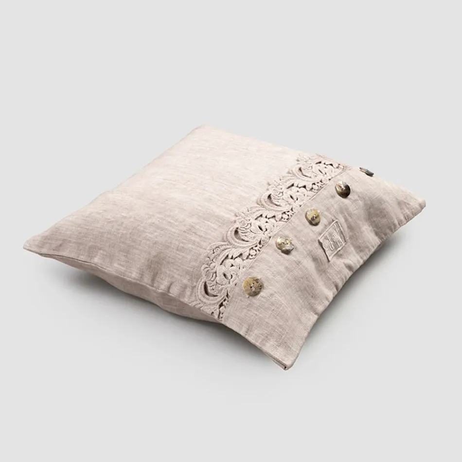Square Pillowcase in Dusty or Retro Linen with Buttons and Armonia Lace - Logos Viadurini