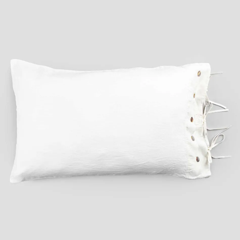 Rectangular Bed Pillowcase in White or Black Linen with Buttons and Laces - Agora Viadurini