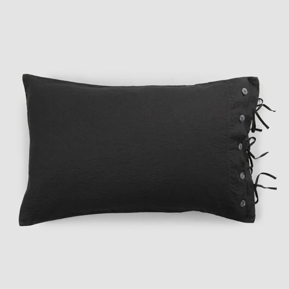 Rectangular Bed Pillowcase in White or Black Linen with Buttons and Laces - Agora Viadurini