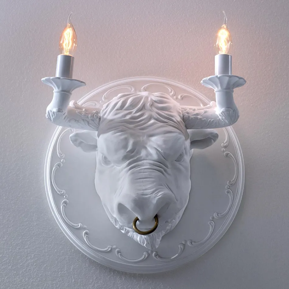 Wall Lamp with 2 Lights in Ceramic Design in the Shape of a Bull - Marrena Viadurini