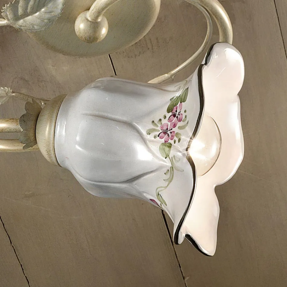Ceiling Lamp in Metal and Ceramic with Hand Painted Rose - Pisa Viadurini