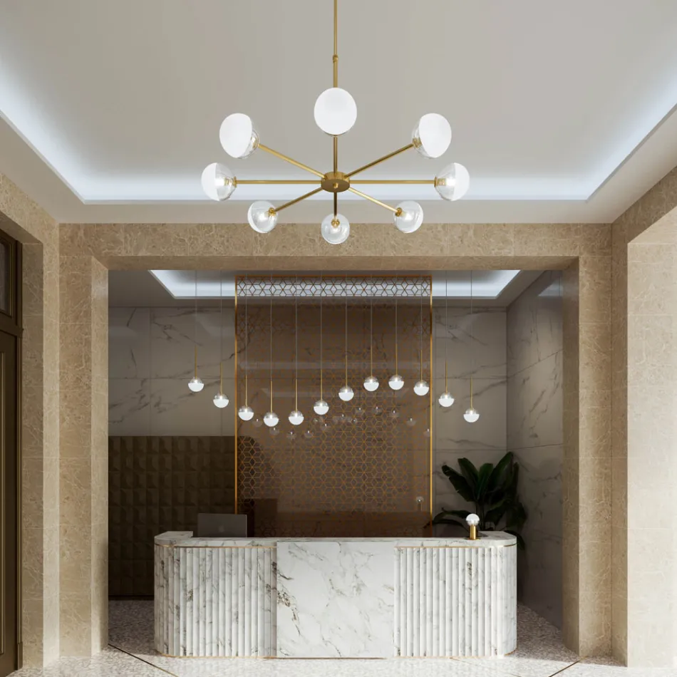 Suspension Lamp 8 Lights in Natural Brass and Glass - Molecola by Il Fanale Viadurini