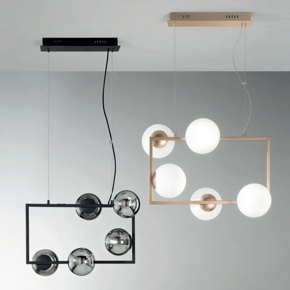 Suspension Lamp with 5 Lights in Metal and Modern Blown Glass - Birga Viadurini