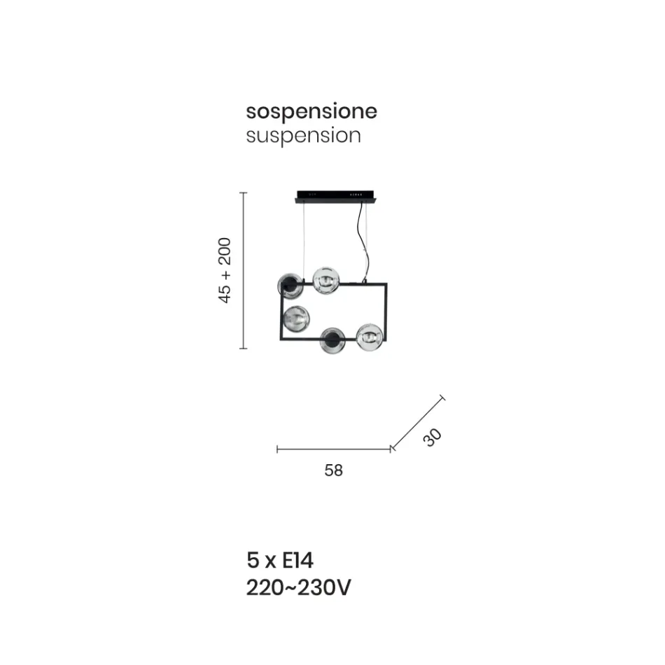 Suspension Lamp with 5 Lights in Metal and Modern Blown Glass - Birga Viadurini