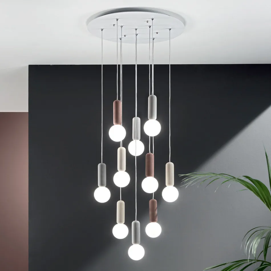 Suspension Lamp with 6 or 10 Lights in Cement and Blown Glass - Duster Viadurini