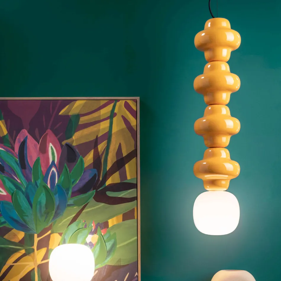 Suspension Lamp with 4 Elements in Ceramic and Glass Made in Italy - Capocabana Viadurini