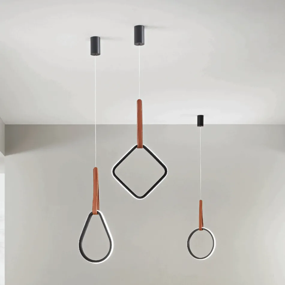 Suspension Lamp with Geometric Shapes and Detail in Faux Leather - Cypress Viadurini