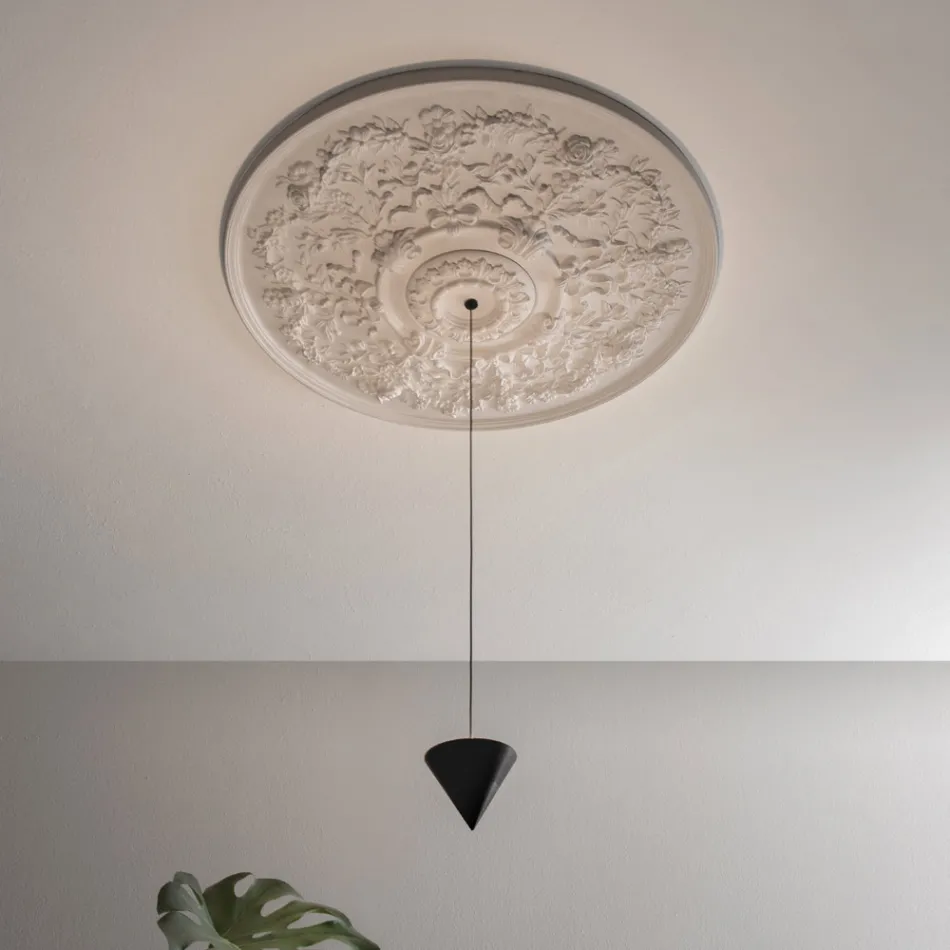 Suspension Lamp Design White Gypsum and Black Aluminium 1 Cone - Tesera Viadurini