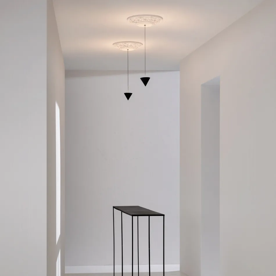 Suspension Lamp Design White Gypsum and Black Aluminium 1 Cone - Tesera Viadurini
