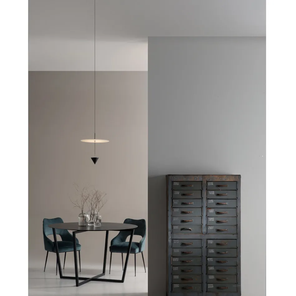 Aluminium Suspension Lamp with White Plate and Black Cone - Padel Viadurini