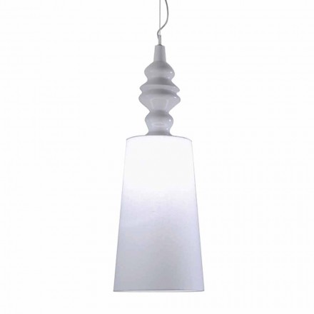 Suspension Lamp in White Ceramic Lampshade in Linen Long Design - Cadabra Viadurini