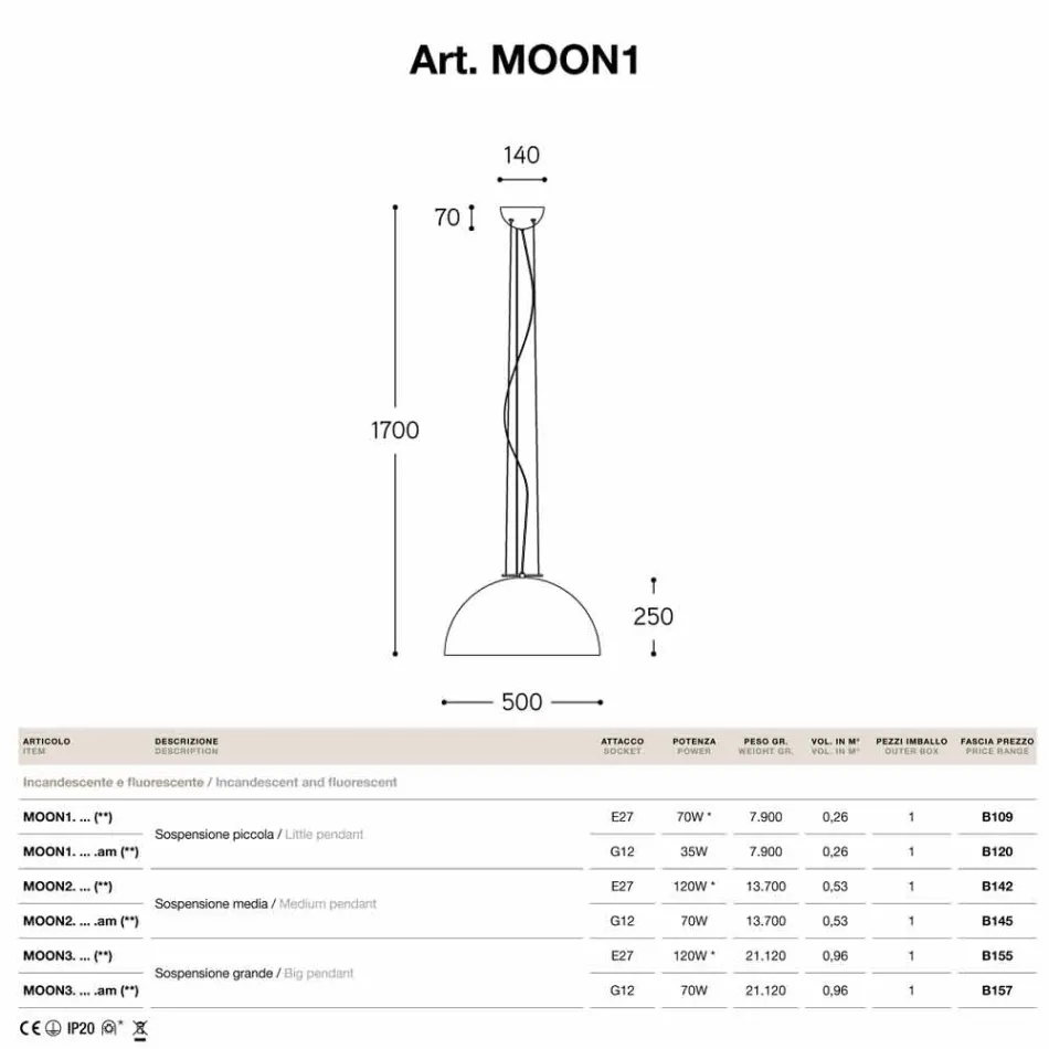 Pendant lamp small steel Moonlight Viadurini