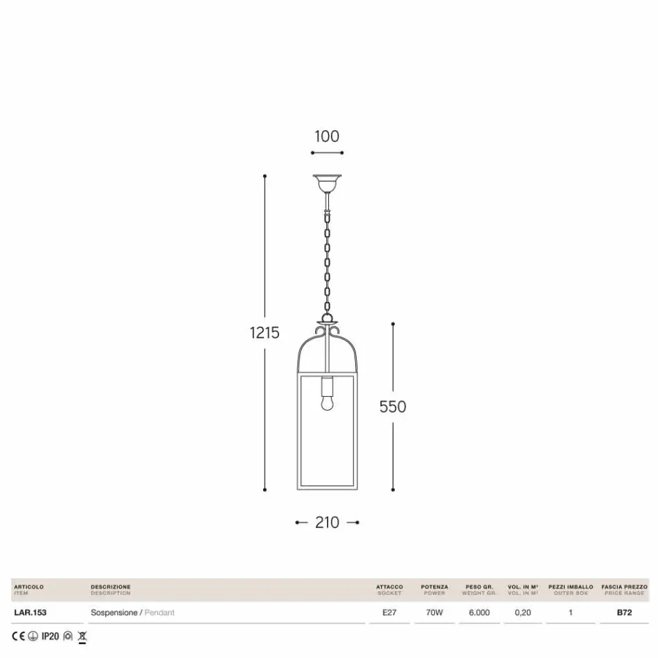 Square pendant lamp with 1 light brass and glass Aida Viadurini