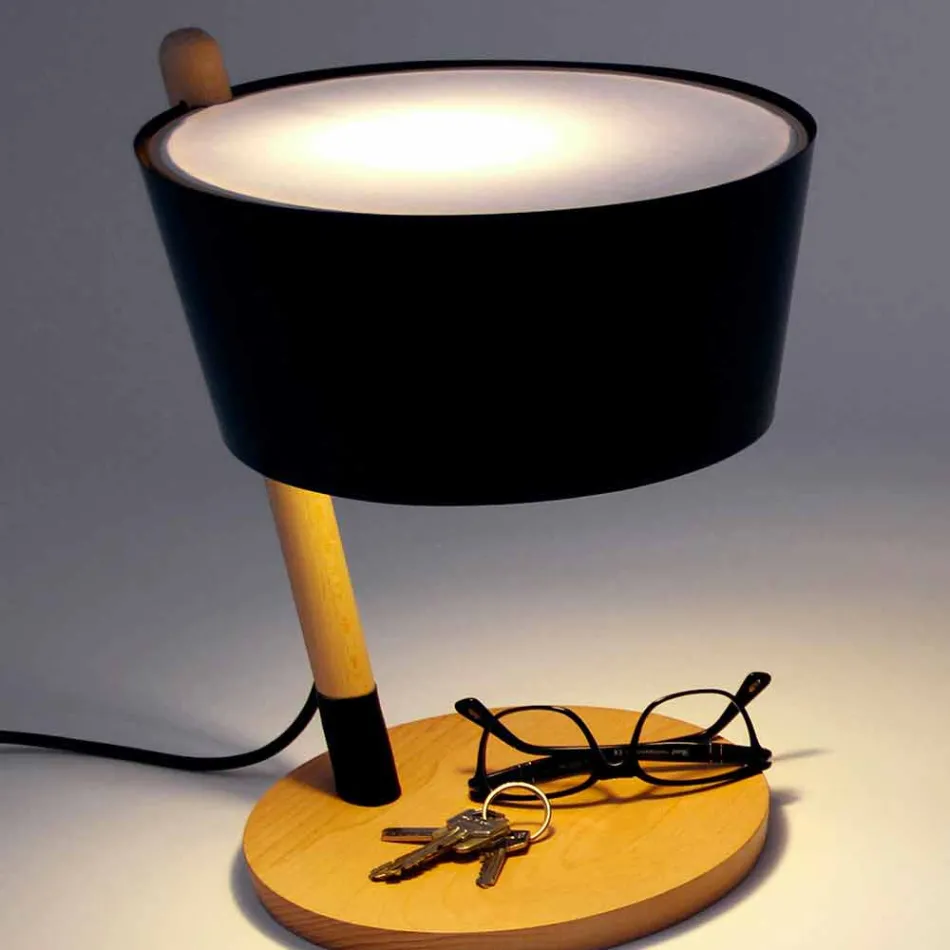 Table Lamp in Beech with Details in Metal and Vegan Leather - Avetta Viadurini