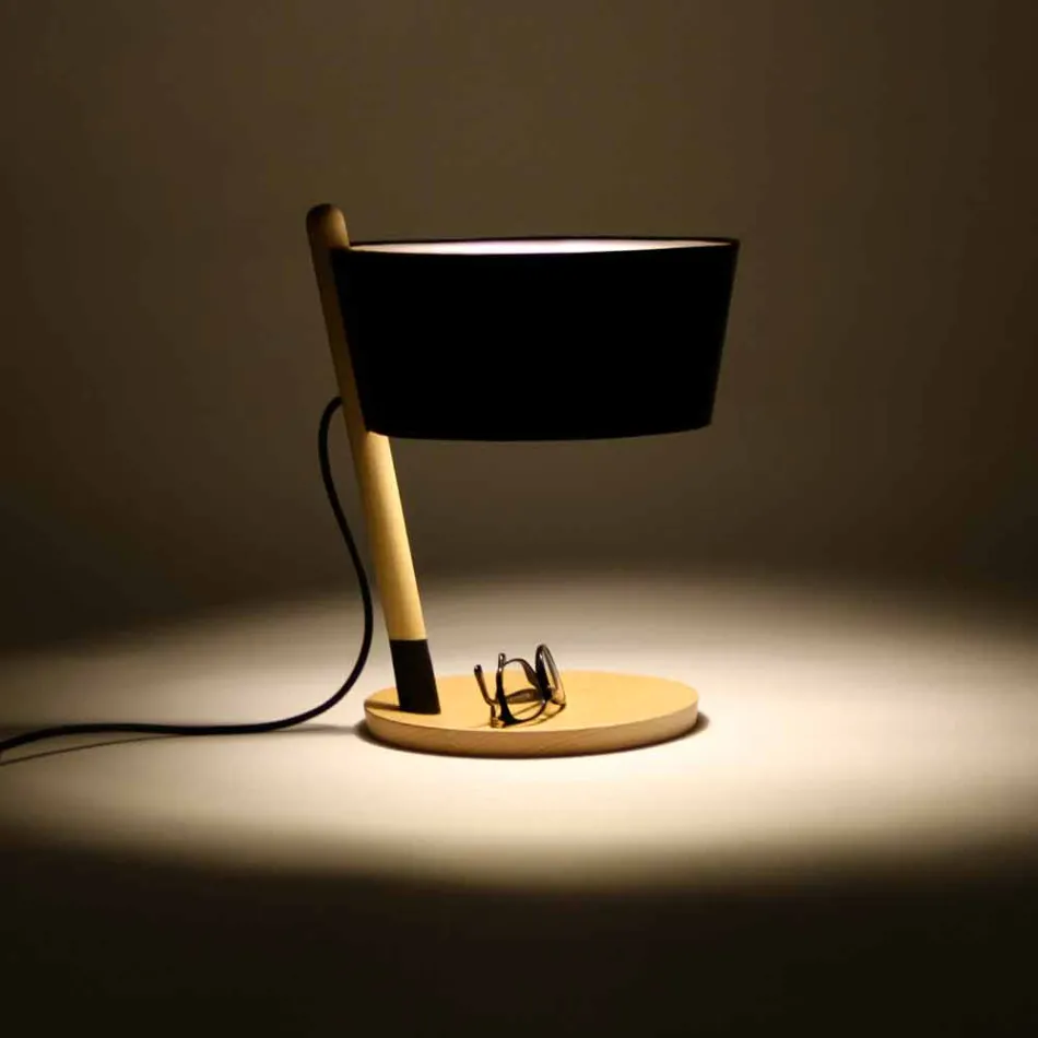 Table Lamp in Beech with Details in Metal and Vegan Leather - Avetta Viadurini