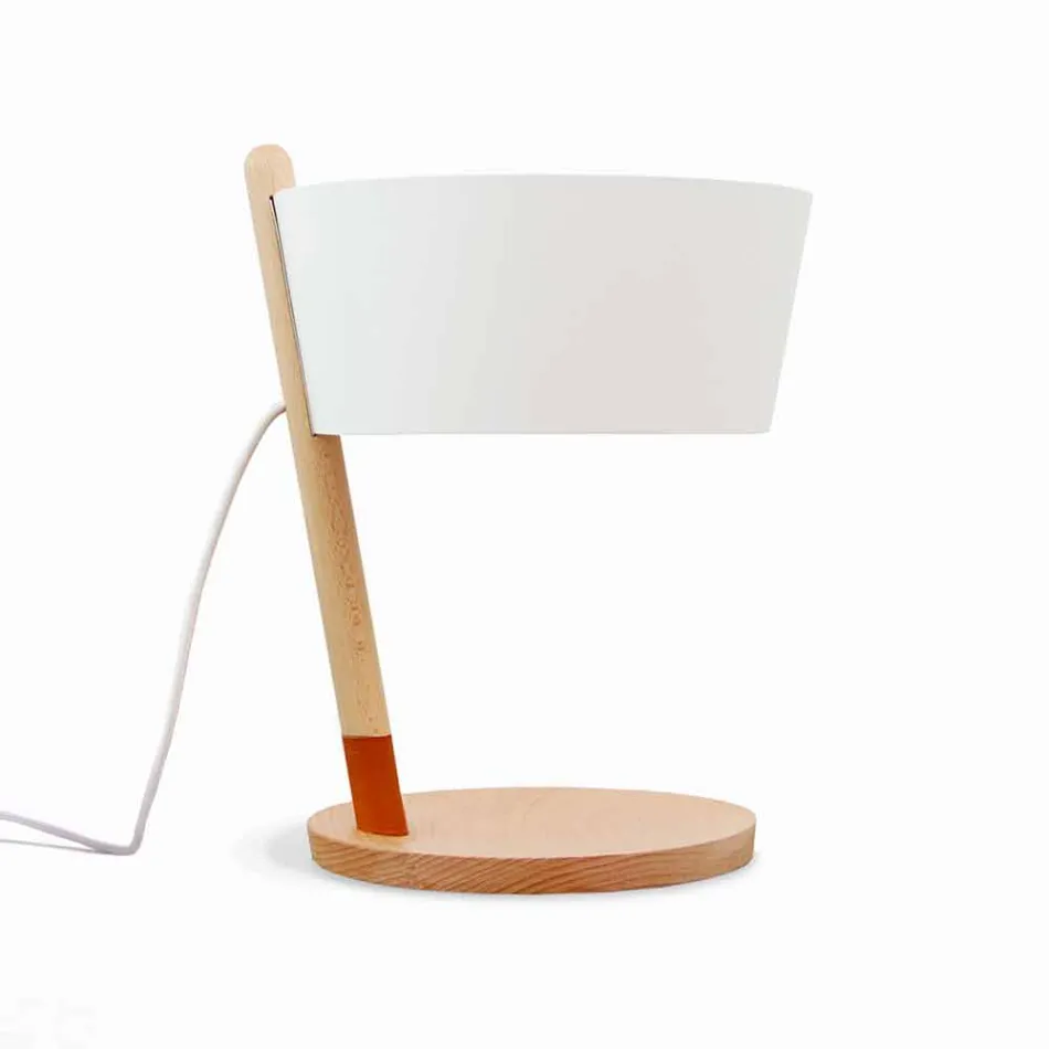 Table Lamp in Beech with Details in Metal and Vegan Leather - Avetta Viadurini
