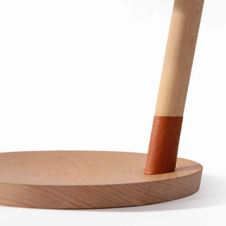 Table Lamp in Beech with Details in Metal and Vegan Leather - Avetta Viadurini