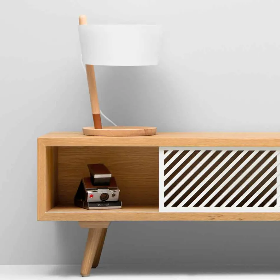 Table Lamp in Beech with Details in Metal and Vegan Leather - Avetta Viadurini