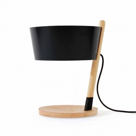 Table Lamp in Beech with Details in Metal and Vegan Leather - Avetta Viadurini