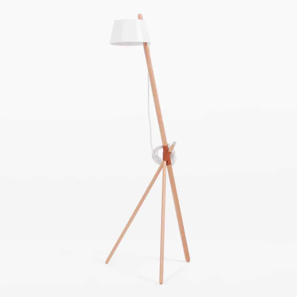 Design Floor Lamp in Beech Wood and Lacquered Metal - Avetta Viadurini