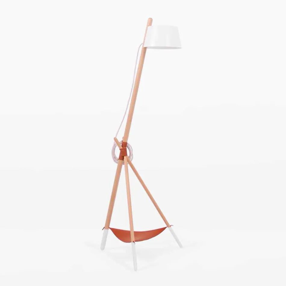 Design Floor Lamp in Beech Wood and Lacquered Metal - Avetta Viadurini