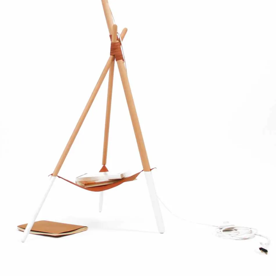 Floor Lamp in Wood and Metal with Details in Vegan Leather - Avetta Viadurini