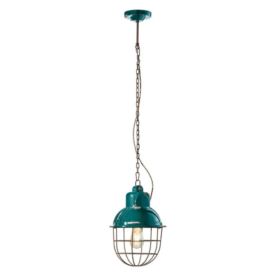 Handcrafted Hanging Lamp in Iron and Ceramic with Grid - Industrial Viadurini