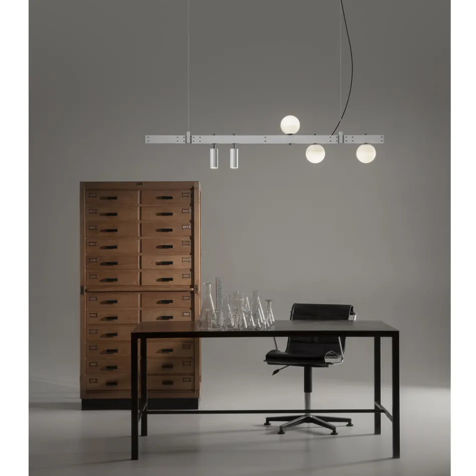 Suspended Lamp Design White Aluminium with Glass Spheres and Spotlights - Exodus Viadurini