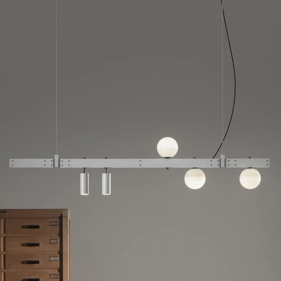 Suspended Lamp Design White Aluminium with Glass Spheres and Spotlights - Exodus Viadurini